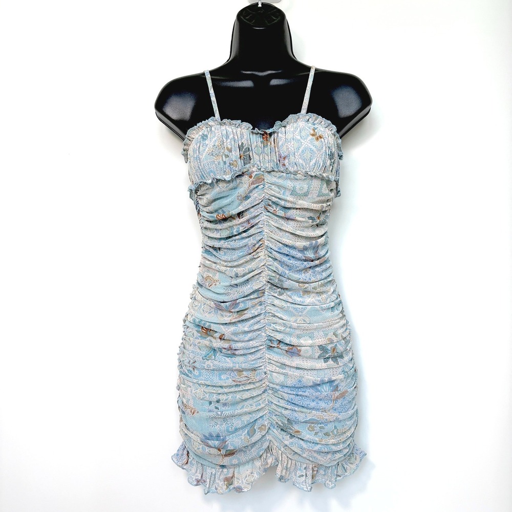 Sky to Moon Dress Floral Ruched Mesh Mini Size S Blue